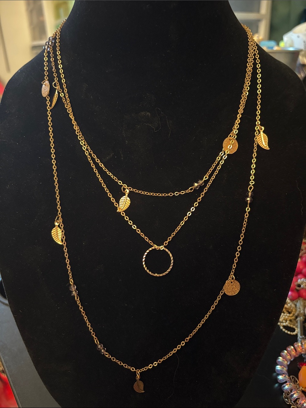 Layered Gold Leaf & Disc Multi-Strand Necklace